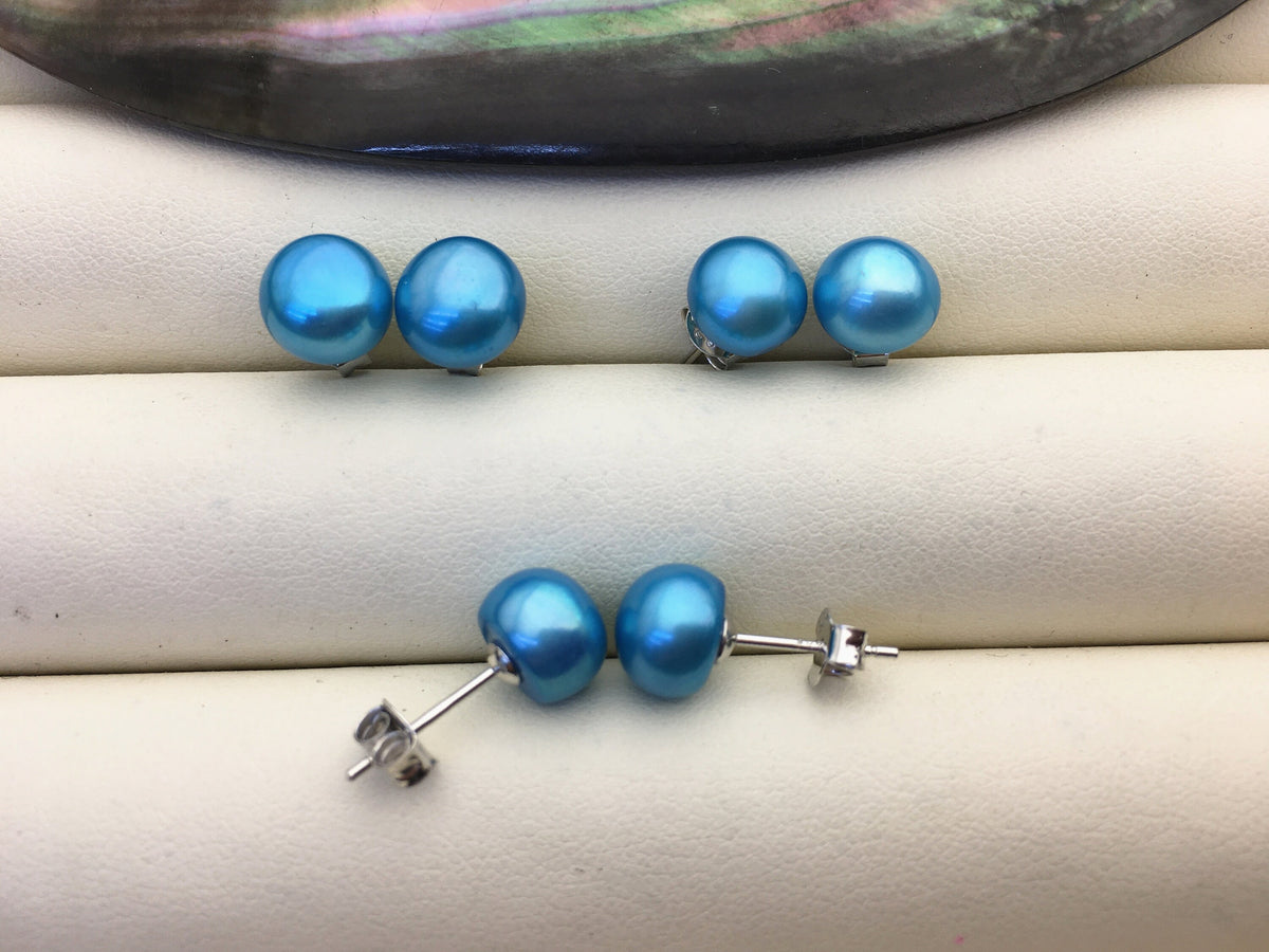 1 pair AAA 8-8.5mm blue pearl stud earrings,Sterling Silver,SE1-026