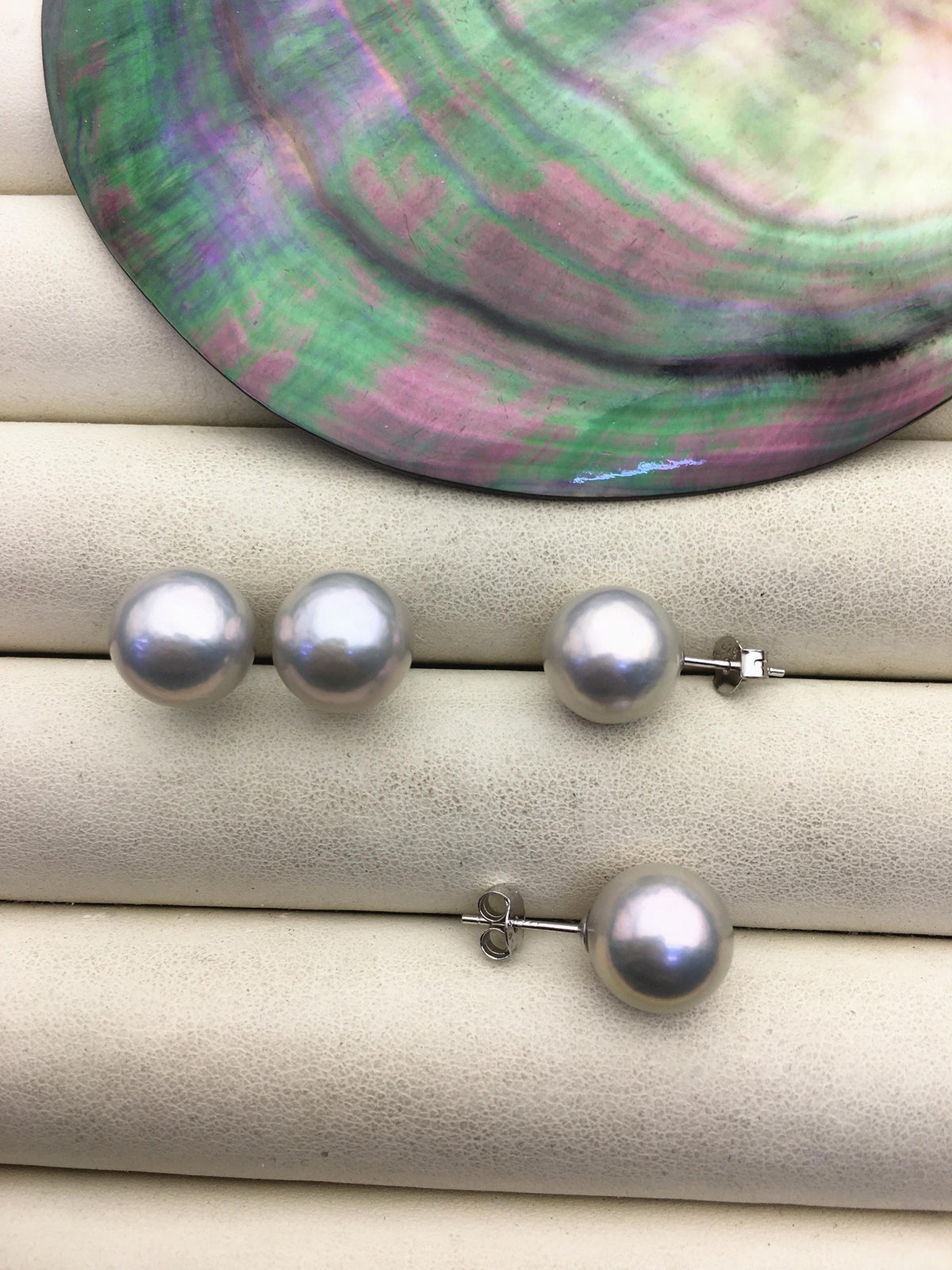 1 pair AAA 10-15mm gray rainbow round edison pearl stud earrings,S925 Sterling Sliver stud earrings,wedding pearl earrings,SE3-T9-57