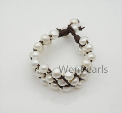 Three Rows nugget Pearl fashion jewelry,pearl Leather Pearls Bracelet - plait leather bracelet - Genuine freshwater pearl - Le7-161