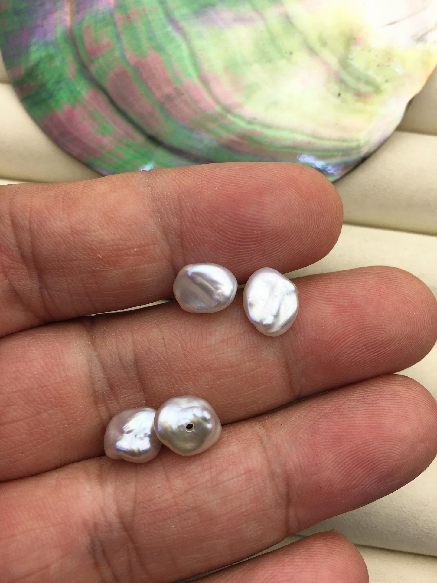 2 pairs AAA 7-8mm White keshi pearls Pair,for make stud earrings,half hole,loose pearl beads,very high luster,ZS-127-7
