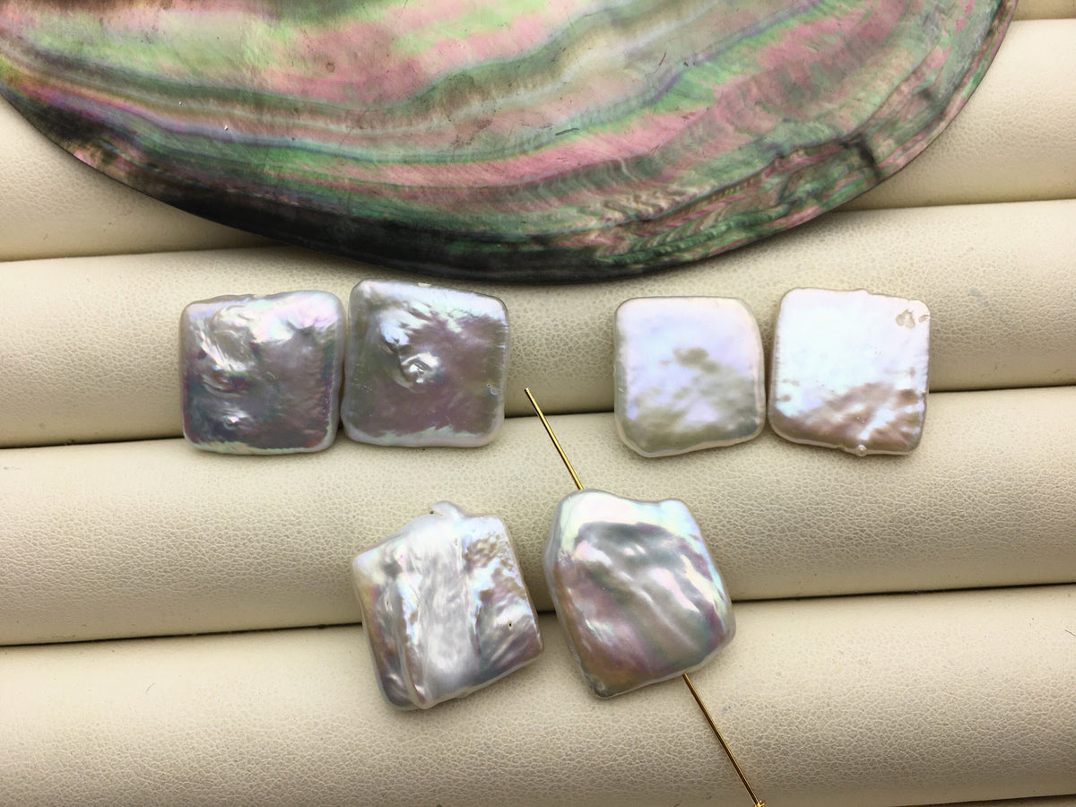 1 pair AA+ 16-18x16-18mm Big White Rectangle Freshwater Pearl White loose Beads Pair,0.9mm through hole,ZS-103-37-62