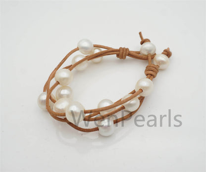 4 rows 12mm Big White Pearl leather bracelet, Rare Potato Nugget Shape pearl,Select leather color,Handmade Cuff,Le7-108
