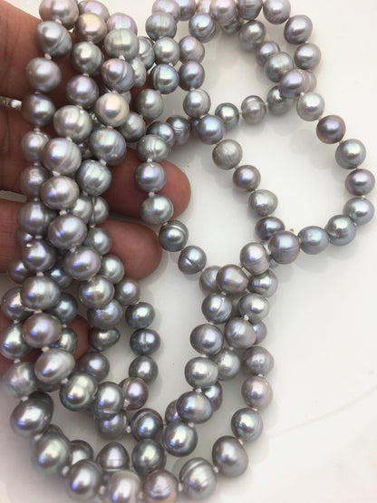 57'' 7.3-8.3mm Gray Potato Near Round Pearl Necklace,dark gray Pearl necklace,NPN1-T26