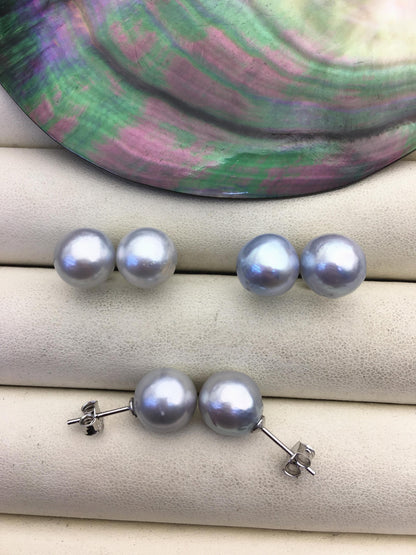 1 pair AA+ 9-11mm Silver Gray South Sea near round pearl stud earrings,SE3-109-9