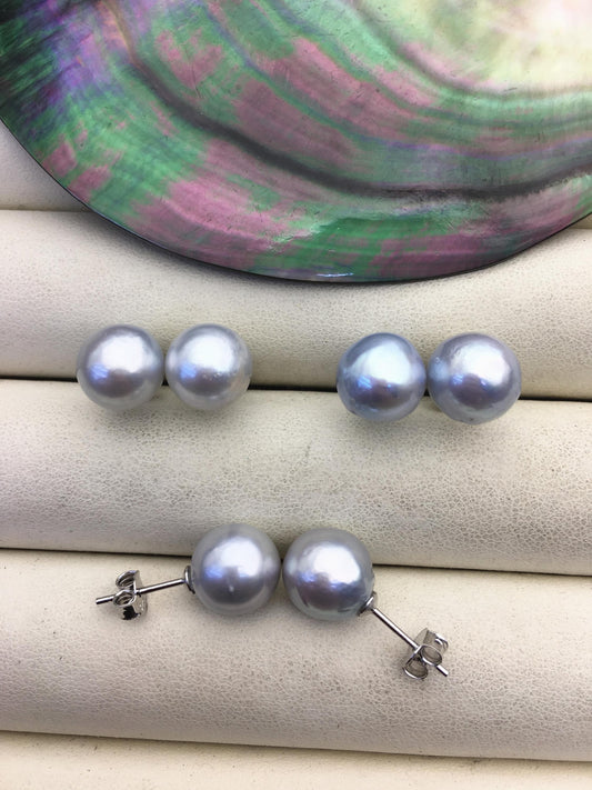 1 pair AA+ 9-11mm Silver Gray South Sea near round pearl stud earrings,SE3-109-9