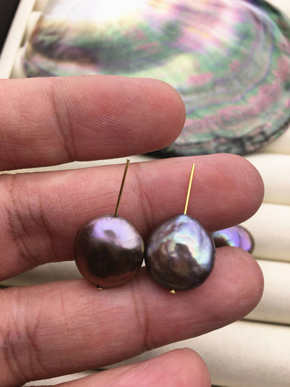 2 pairs AA+ 13-14mm Coin Purple Black Freshwater Pearl Brown loose Beads Piar,wholesale,ZS-103-49
