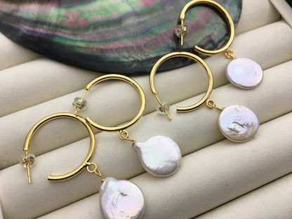 Big 15-16mm natural white Coin pearl stud earrings,wedding pearl earrings,SE3-131-62