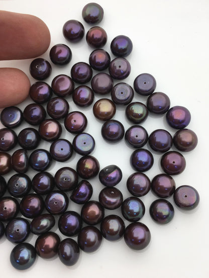 20pcs AAA 9.5-10mm brown black button round loose freshwater pearl,0.9mm bottom half hole,BTN9-T4