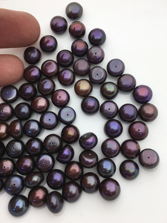 20pcs AAA 9.5-10mm brown black button round loose freshwater pearl,0.9mm bottom half hole,BTN9-T4