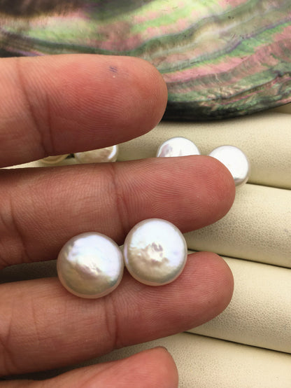 2 pairs AA+ 11-13mm White Coin Fresh Water pearl stud earrings,S925 Sterling Silver,dangle pearl earrings,SE3-187