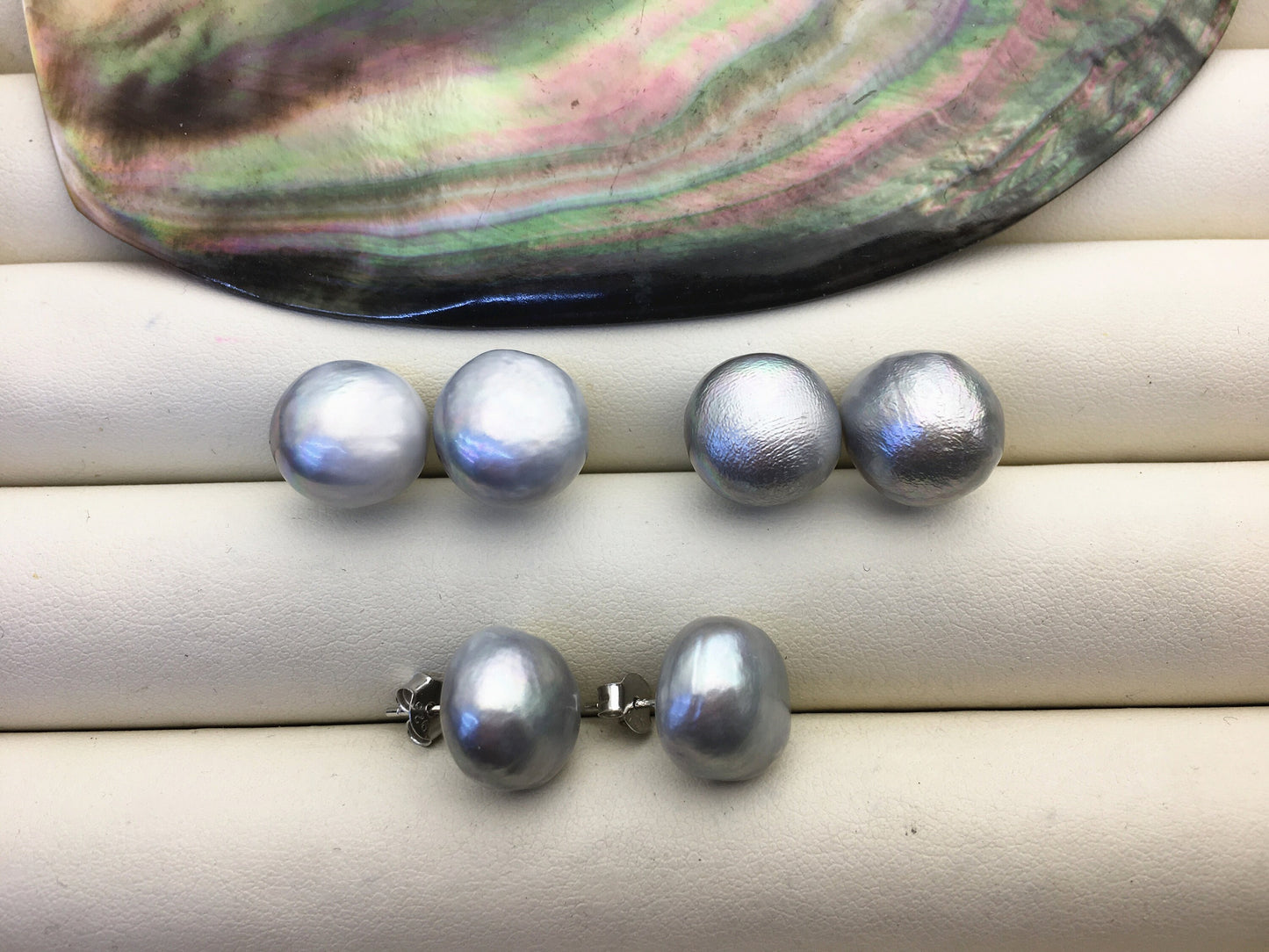 2 pairs AA+ 12.5-13mm big gray Thick skin button round Pearl Stud Earrings,freshwater pearl earrings,Wedding,classic pearl studs,SE1-069-31