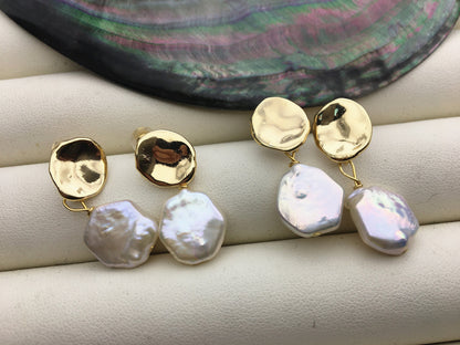 Gold coin natural white hexagon pearl stud earrings,wedding pearl earrings,SE3-131-61