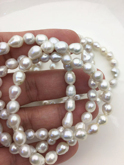 High Luster!2pcs 7 inchs AA+ 6-7mm White Baroque Rice Freshwater Akoya pearl Elastic string Bracelet,B8-003-4
