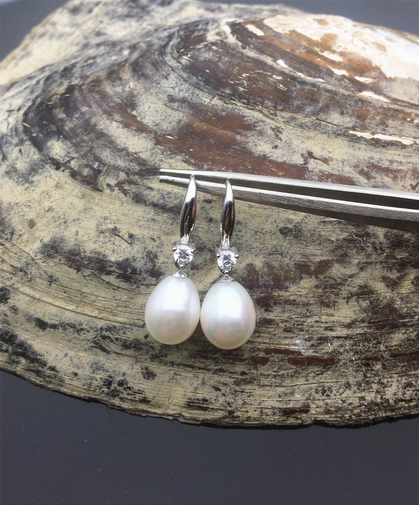 AAA 9mm white oval rice pearl cz stone dangle earrings,S925 Sterling Sliver pearl earrings,pearl for women for girl,SE3-082