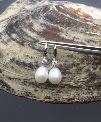 AAA 9mm white oval rice pearl cz stone dangle earrings,S925 Sterling Sliver pearl earrings,pearl for women for girl,SE3-082