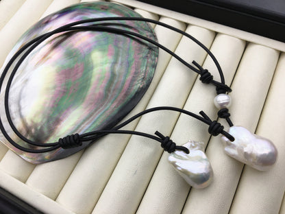 Two Big White Flame ball pearl and leather necklace,Baroque Freshwater Pearl Drop Necklace,Flaming ball pearl necklace,Le5-047