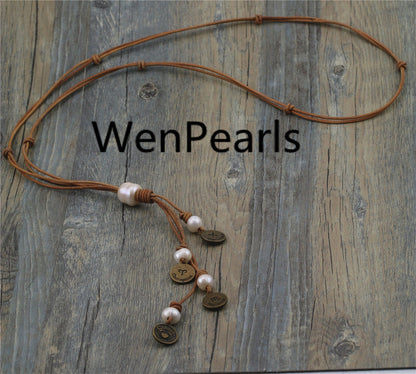 letter coin potato pearl Pearl and Leather Lariat Necklace, Light Brwon Leather Pearl necklace, Leather baroque pearl necklace,Le2-046
