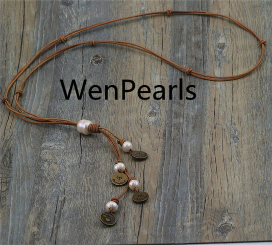 letter coin potato pearl Pearl and Leather Lariat Necklace, Light Brwon Leather Pearl necklace, Leather baroque pearl necklace,Le2-046