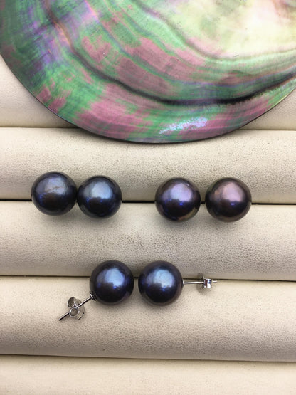 1 pair AA+ 11-12mm black round edison pearl stud earrings,S925 Sterling Sliver stud earrings,wedding pearl earrings,SE3-T9-7