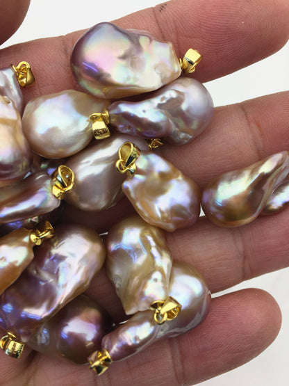 1pc AAA 12-17mm natural purple rainbow baroque pearl pendant necklace, gold plated S925 Sterling silver pendant,NC1-071