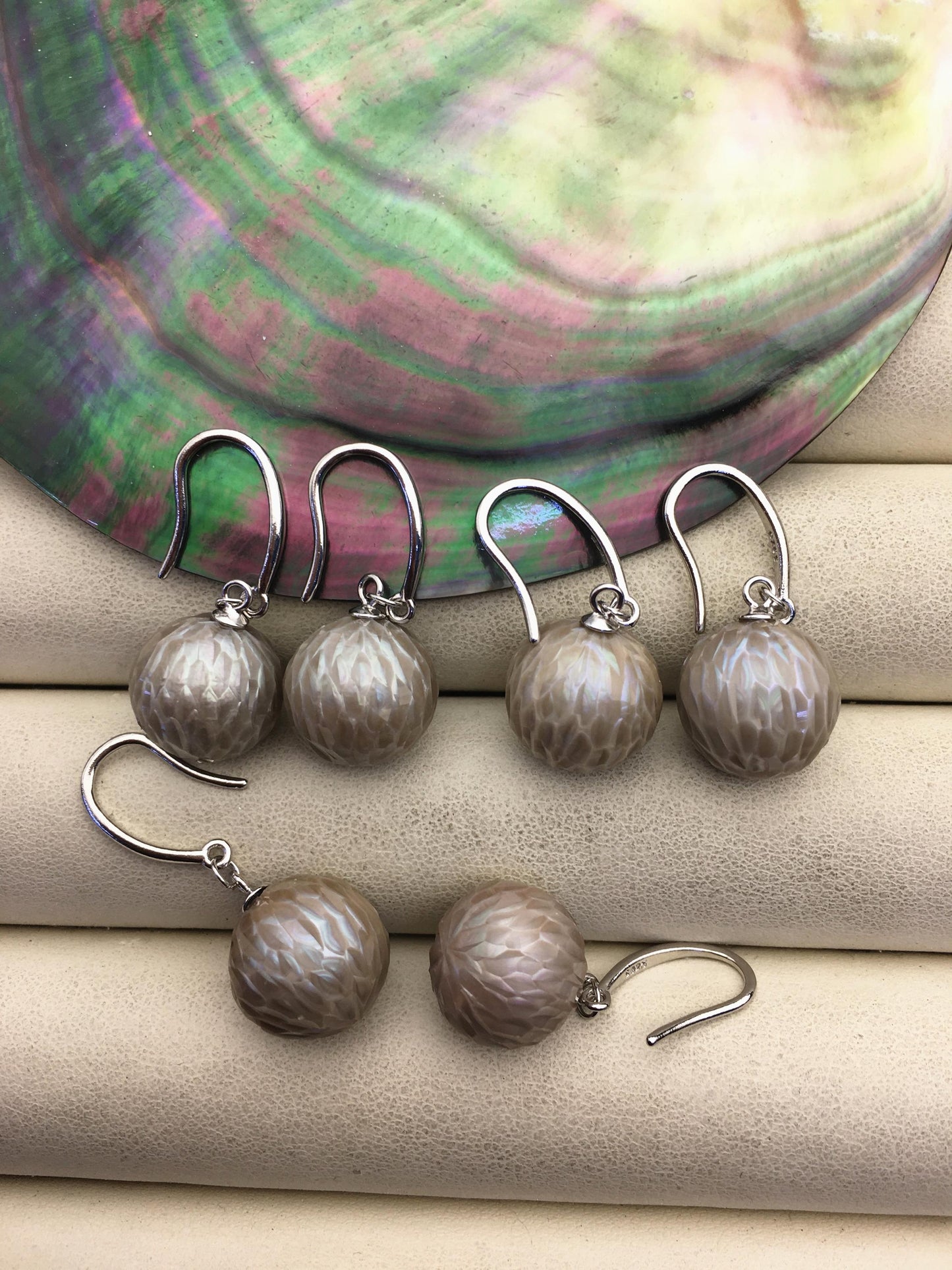 1 pair AAA 11-13mm gray handmade carved round pearl dangle earrings,S925 sterling silver earrings,SE3-T9-58