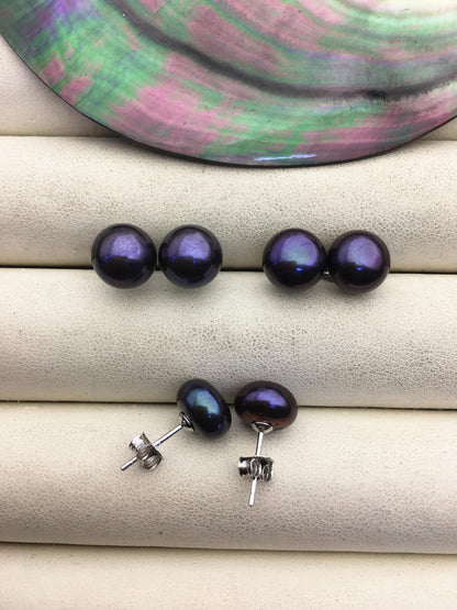 1 pair AAA 8.5-9.5mm Deep Blue Black Pearl Stud Earrings,stering silver pearl earrings,SE1-056