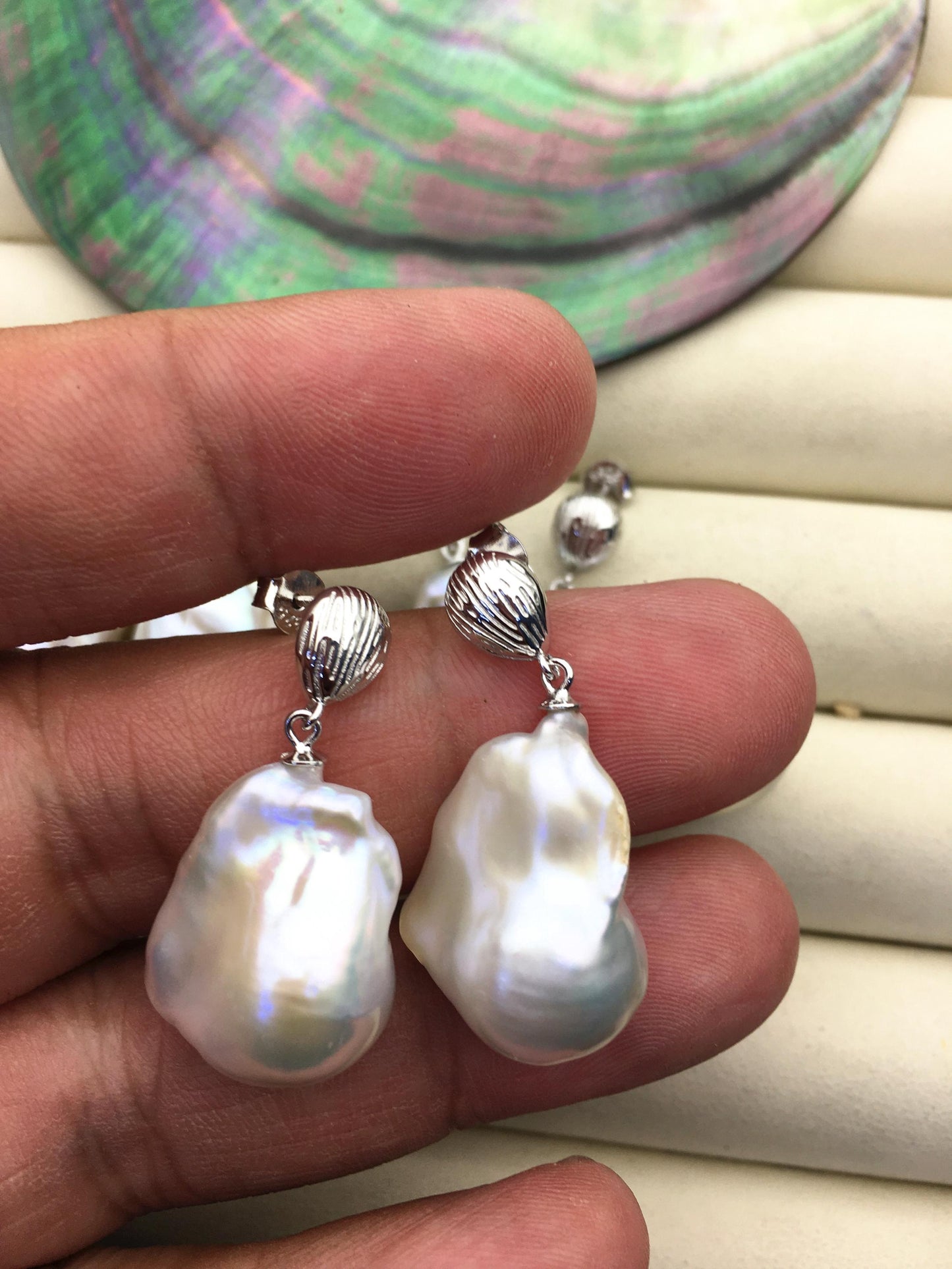 1 pair AAA 13-17mm white flame ball pearl silver shell stud earrings,sterling silver,earring with white baroque Natural Pearl,SE3-031-23