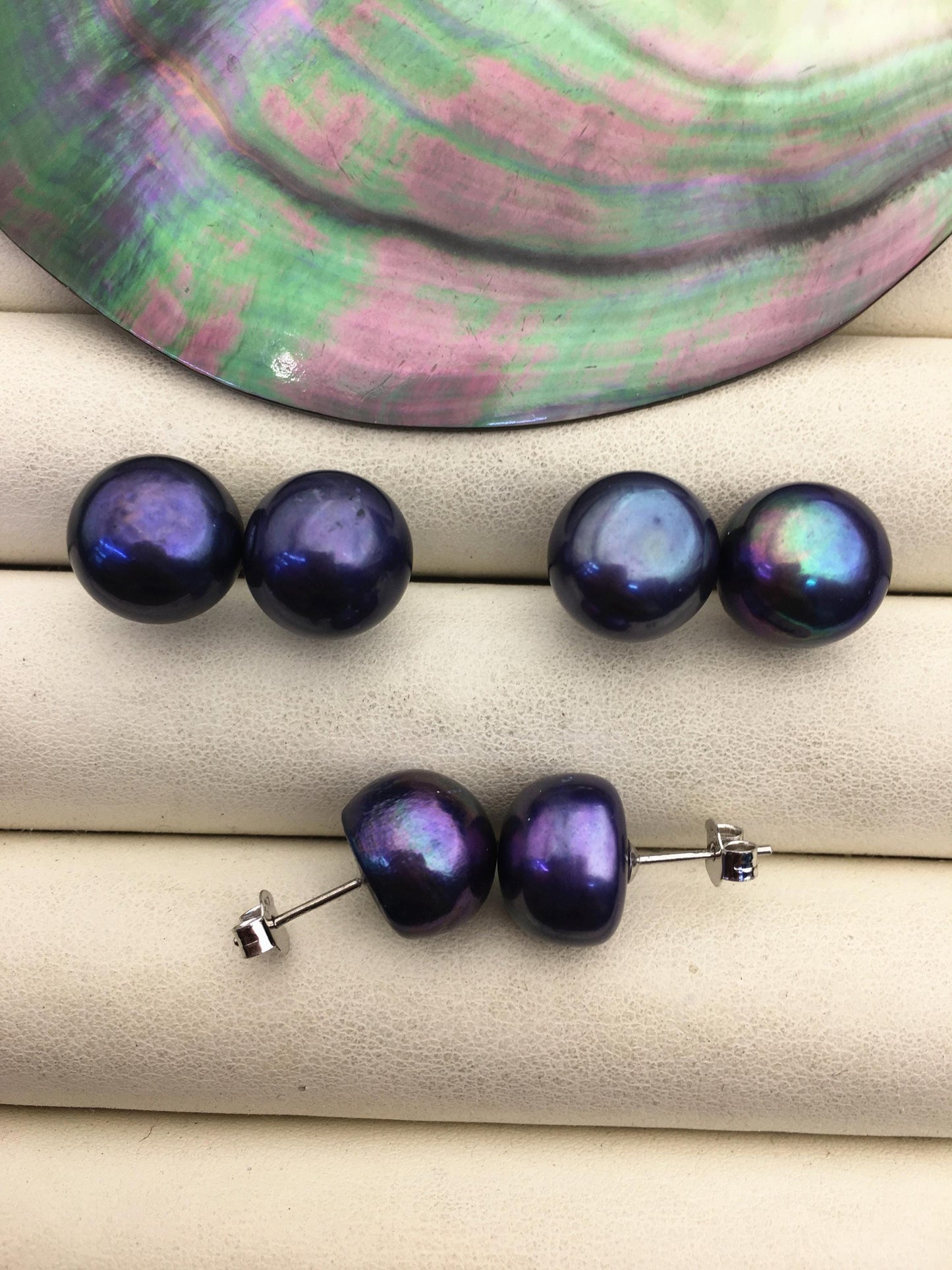 AA+ 12-13mm Big Black Pearl stud Earrings,Sterling Silver,SE1-011