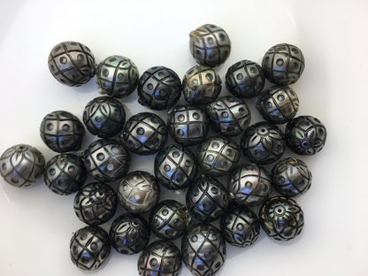 1pc 12/13/14mm Oval Pineapple Carved Tahitian Pearl - Hand Carved - Tattoo Tahitian Pearls, carved pearls, flower designs,CAC-FLW-9-7