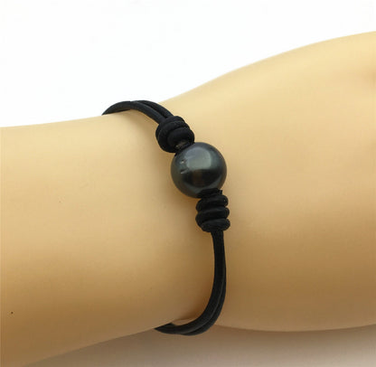 11mm Single Round Black Green Tahitian pearl Leather Cord bracelet,SELECT leather color, Pearl Leather bracelet,Le10-011