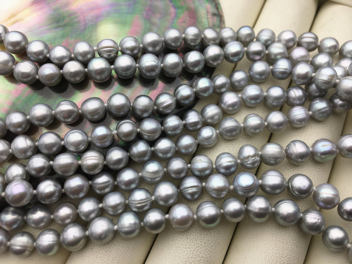 34''/51''/67'' 7mm Gray near Round Freshwater Pearl Necklace,mics color,dark gray Pearl necklace,gray round pearl,NPN1-142