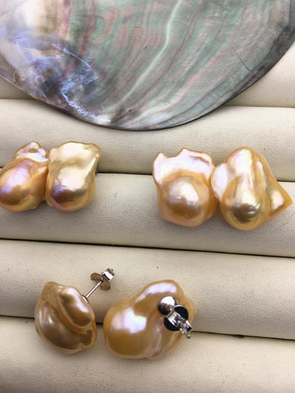 1 pair AAA 13-17mm peach orange flame ball pearl stud earrings,sterling silver,earring with gray baroque Natural Pearl,SE3-031-14