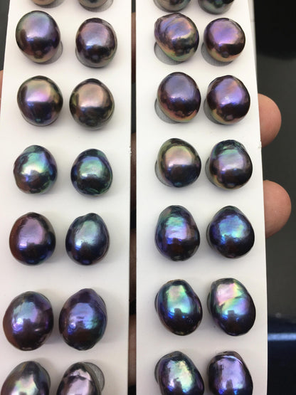10pairs AAA 11-12mm Black Blue Rainbow baroque drop edison freshwater pearl Pair,top half hole,ED11-3A-2-24