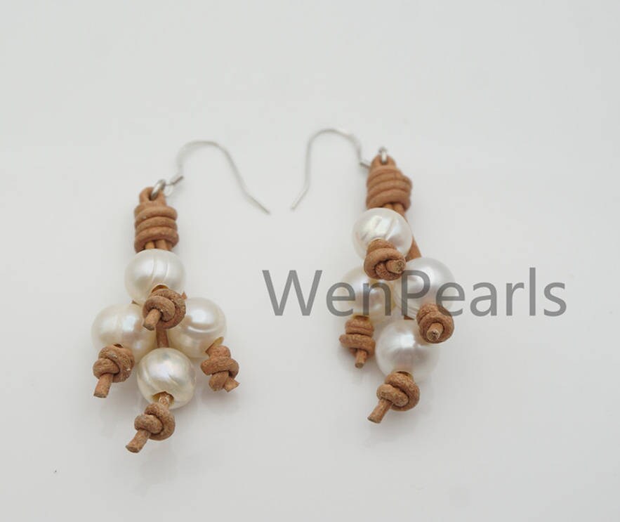 White Color Potato Pearl and dangle Leather Earrings- fashion earrings - Real leather - Select Leather Color - Le51-006
