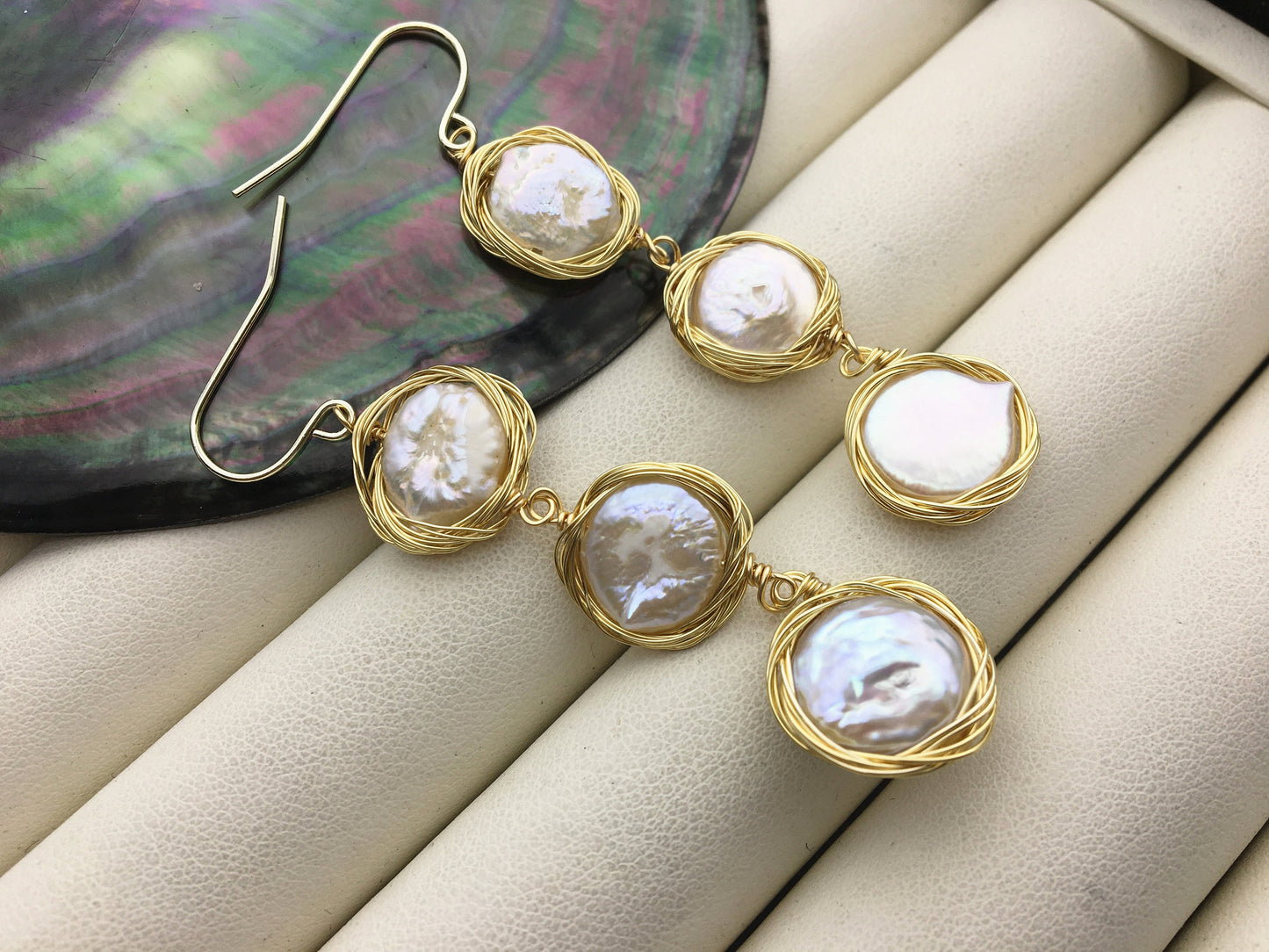 Handmade white three coin pearl dangle earrings,earring with white baroque Natural Pearl,SE3-120-7