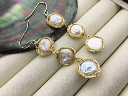 Handmade white three coin pearl dangle earrings,earring with white baroque Natural Pearl,SE3-120-7