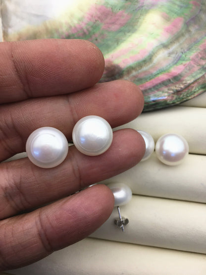 1 pair AA 13-14mm big white baroque round Pearl Stud Earrings,freshwater pearl earrings,Wedding,classic pearl studs,SE1-069-22