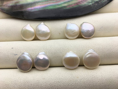 2 pairs 10.5-11.5mm AAA White Coin Freshwater Pearls Pair,high luster- Coin Pearl-petite Pearl- Pearl Jewelry,COIN11-3A-6-3