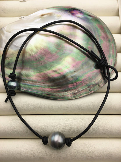 1pc 13-15mm huge big Tahitian Pearl Choker Necklace,Pearl Leather Necklace,Black Leather Pearl necklace,Le11-003
