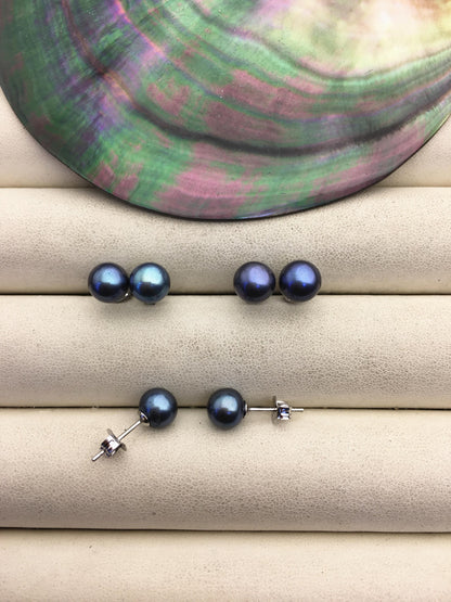1 pair AAA 7-8mm Deep Blue Near Round Pearl Stud Earrings,Sterling Silver,Wedding,classic pearl studs,SE1-T14