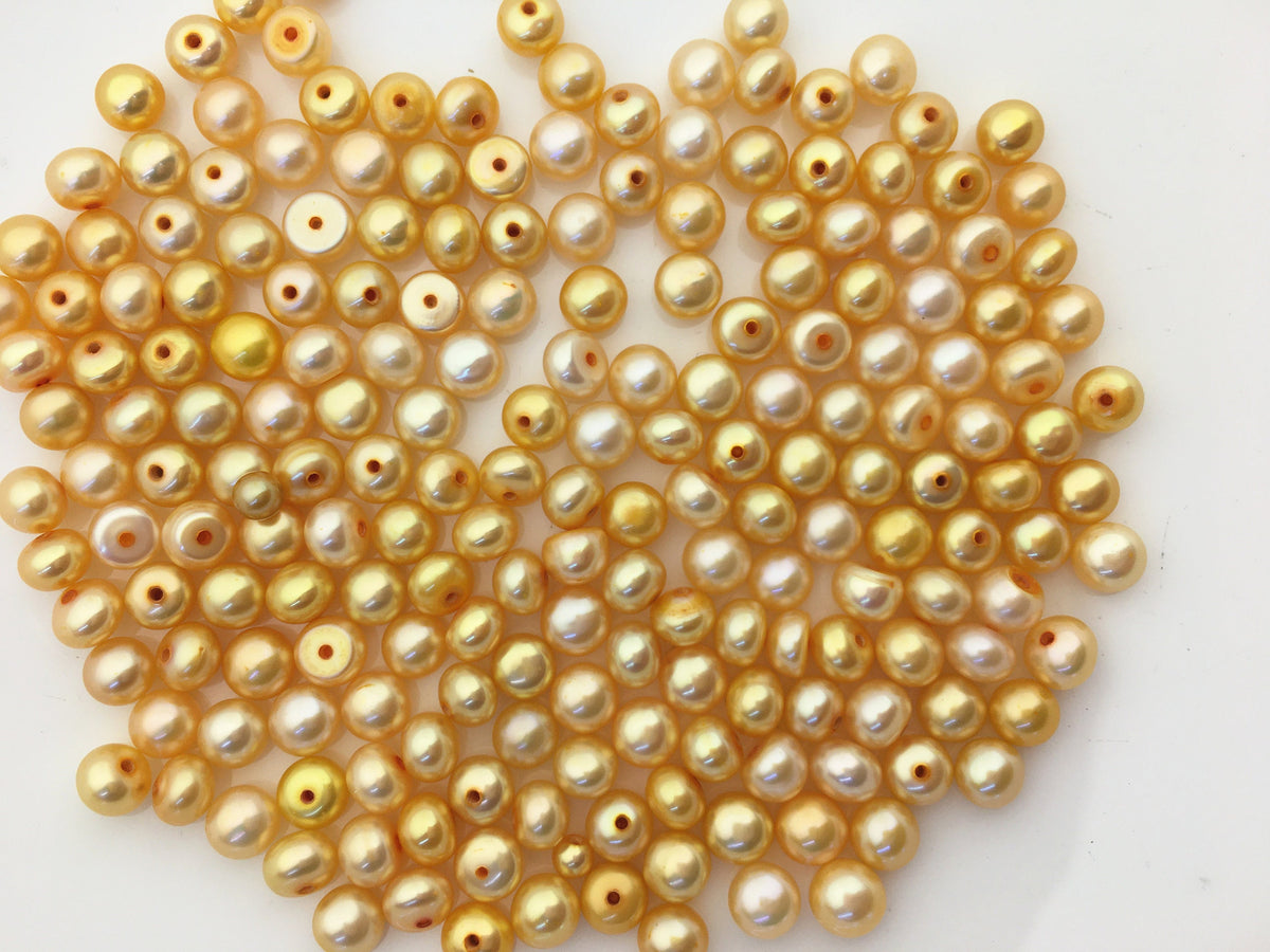 30pcs AAA 5.5-6mm yellow button round freshwater pearl,0.9mm half hole,BTN5-T5