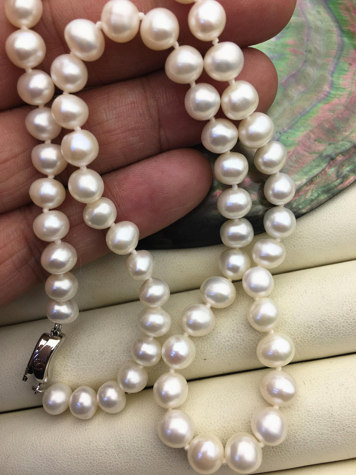 17.5 inches AA+ 6.5-7.3mm white near round potato freshwater Pearl necklace,genuine freshwater Pearl necklace, NPN1-062