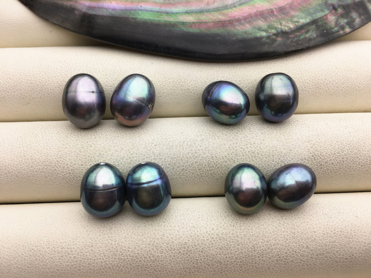 2 pairs AA+ 9.4-10.3mm deep blue green rice freshwater pearls,for make dangle pearl earrings,LR10-T5