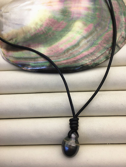 12-14mm Big Drop Tahitian Pearl Leather Necklace,Pearl Leather Necklace,Black Pearl,Black Leather Pearl necklace,Le11-011