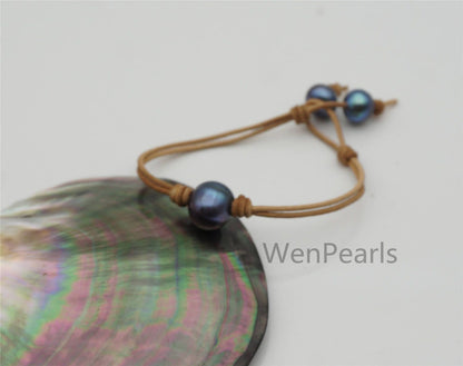 Big Single Potato Pearl fashion jewelry,pearl Leather Pearls Bracelet - plait leather bracelet - Genuine freshwater pearl - Le7-192