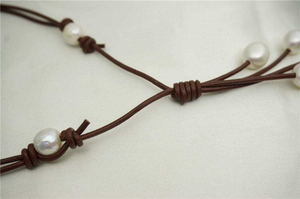 Freshwater Pearl and Leather Lariat Necklace, Light Brwon Leather Pearl necklace, Leather baroque pearl necklace,Le1-037