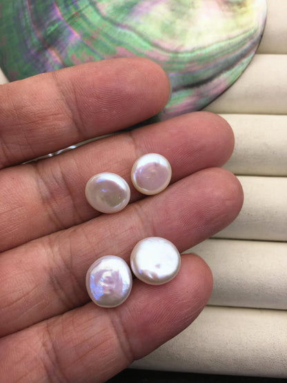 2 pairs AA+ 10-11mm White Coin Freshwater Pearls Pair,high luster- Coin Pearl-petite Pearl- 0.9mm bottom half hole,COIN10-3A-2