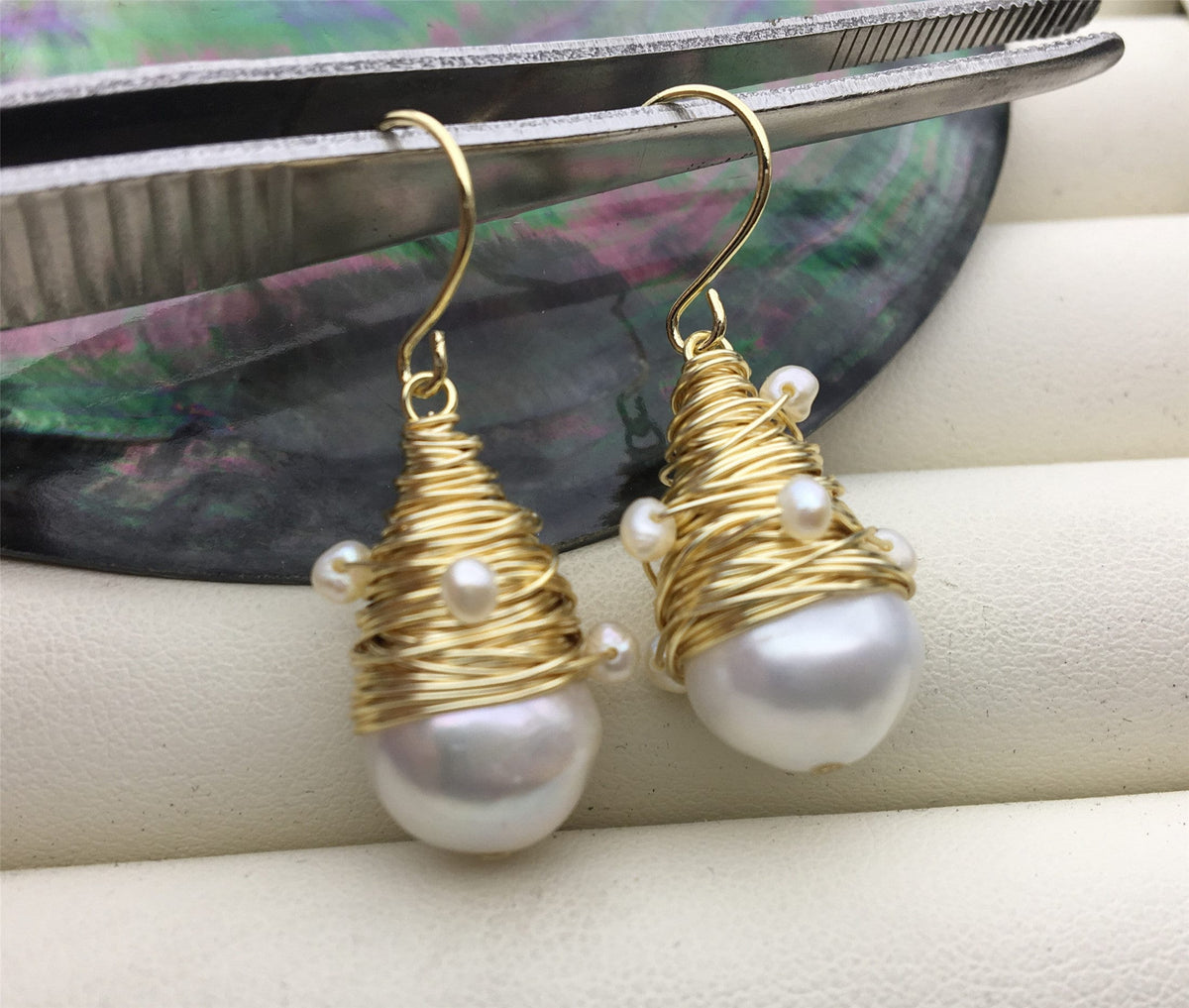 Big White Freshwater Pearl dangle earrings,earring with white Natural Pearl,SE3-120-4