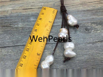 4 baroque pearls Drop leather necklace,Select leather color,Leather Pearl necklace, Leather baroque pearl necklace,wholesale,Le1-056