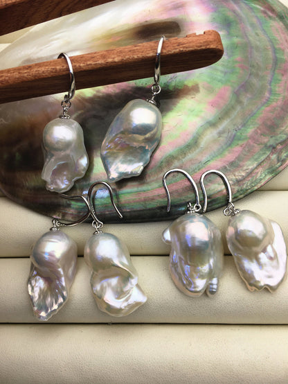 AAA 13-18mm white flame ball pearl dangle earrings,sterling silver,earring with white baroque Natural Pearl,SE3-031-17